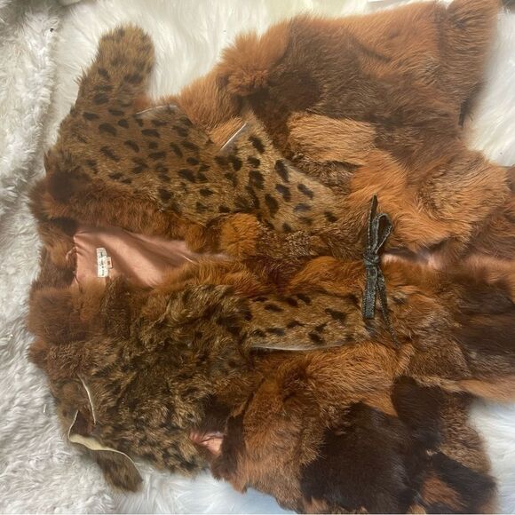 PATCHWORK RABBIT FUR VEST shades of Brown & Leopard print MADE IN HONG KONG SZM - Picture 8 of 16